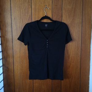 Gap Black Women's V-Neck Button Top - Short Sleeve - Size S Chic Elegance